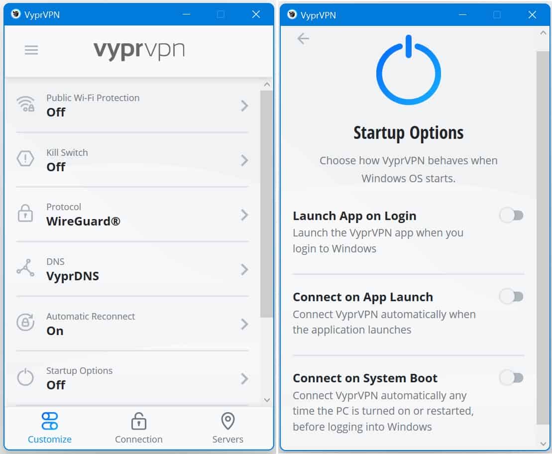 opzioni di avvio di VyprVPN