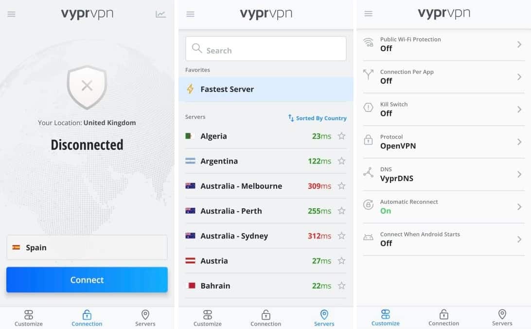 schermate dell'app per dispositivi mobili di VyprVPN