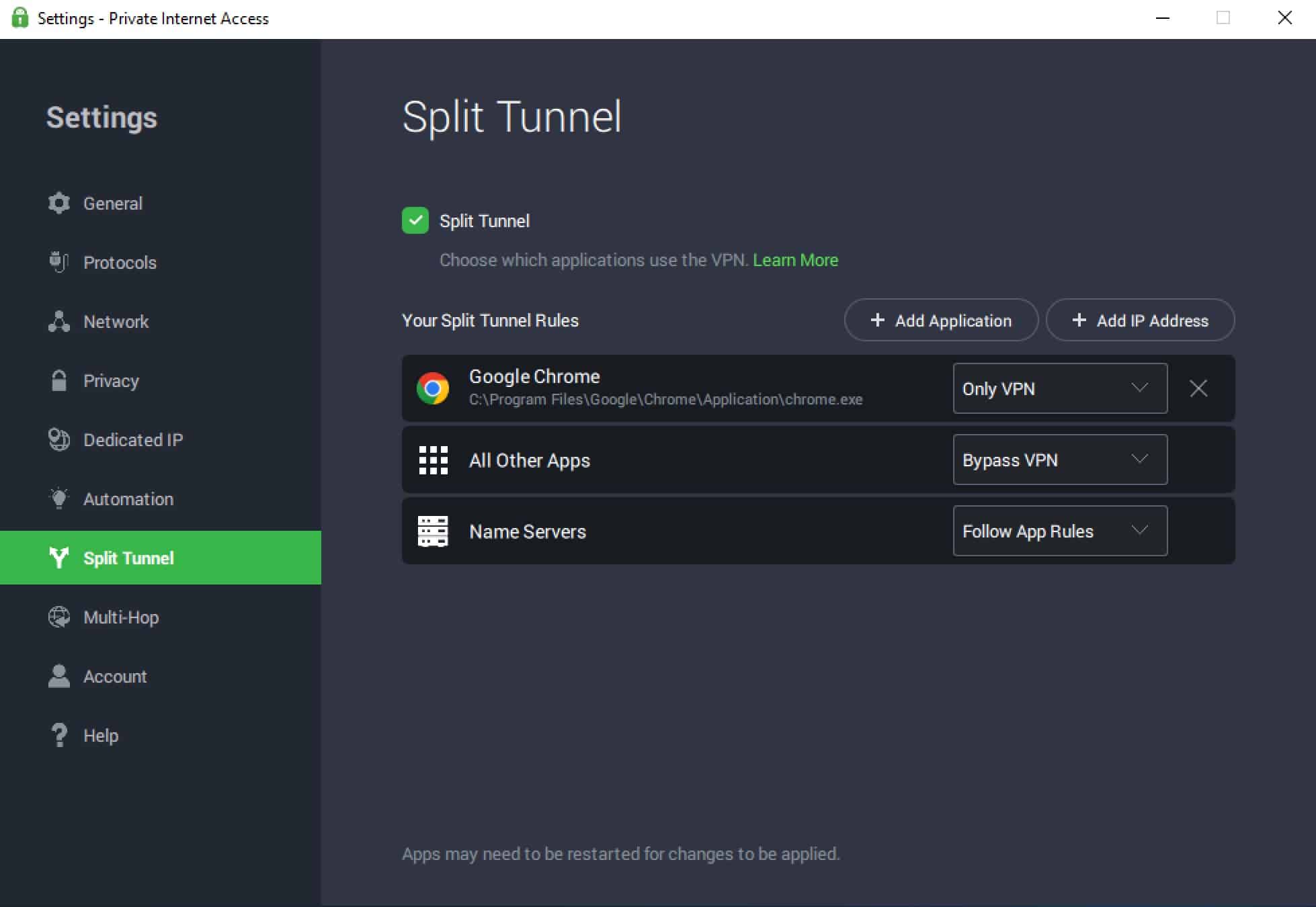 PIA - App - Split-tunneling
