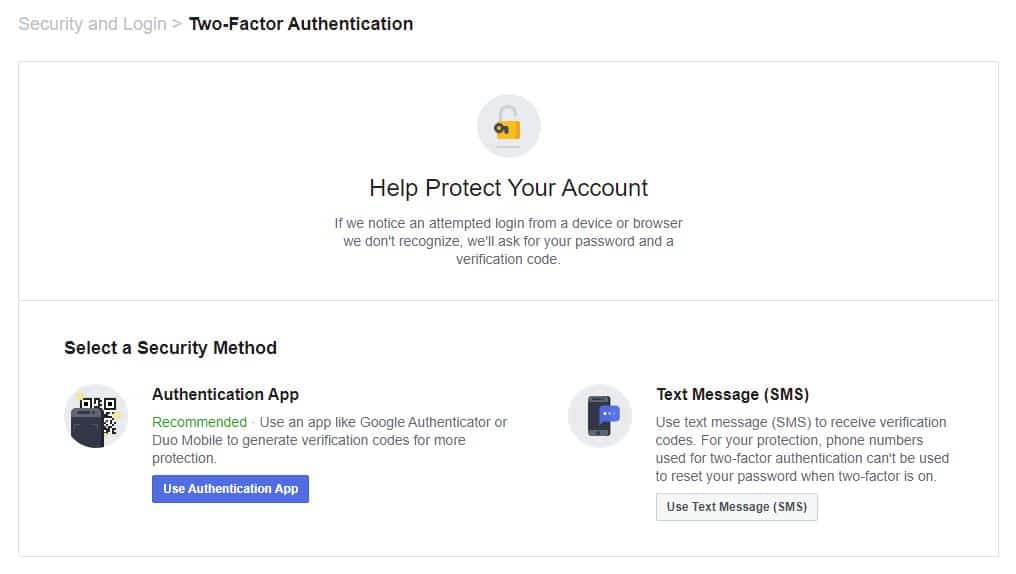 Two-factor authentication options.