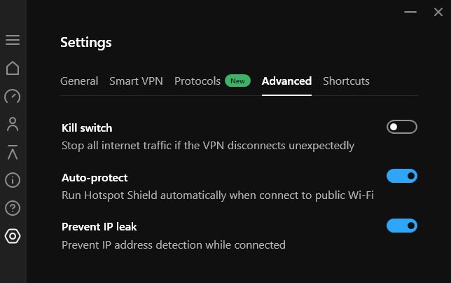 schermata delle impostazioni avanzate di Hotspot Shield.