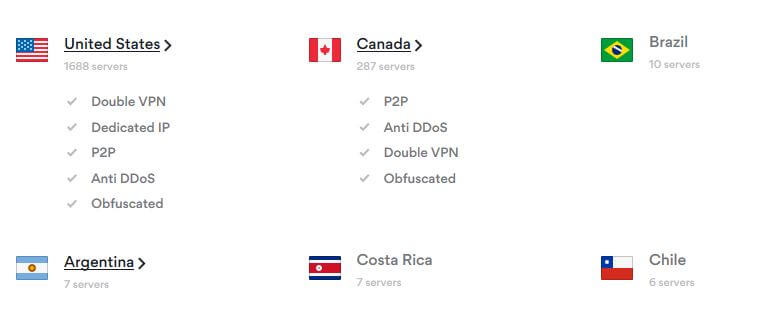 ubicazioni dei server di NordVPN.