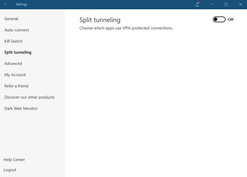Opzione di split-tunneling di NordVPN