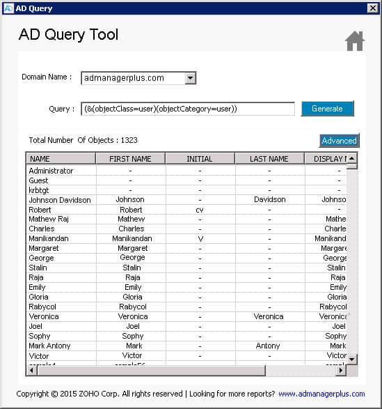 Fenster des AD Query Tools mit Auflistung von Active-Directory-Benutzern und Attributen