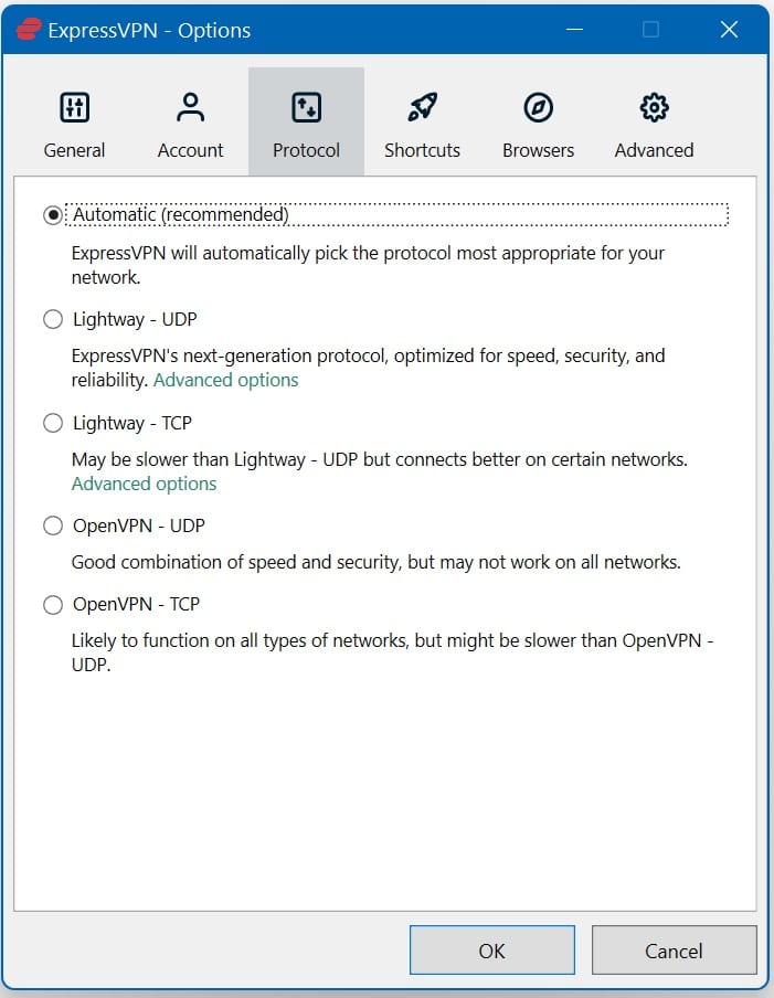 Menú de protocolos de ExpressVPN