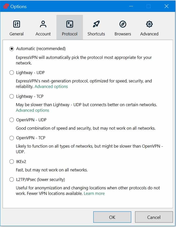 Menu di protocollo di ExpressVPN