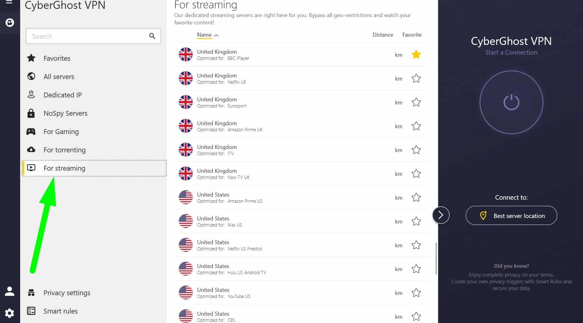 Screenshot showing CyberGhost's specialty servers list