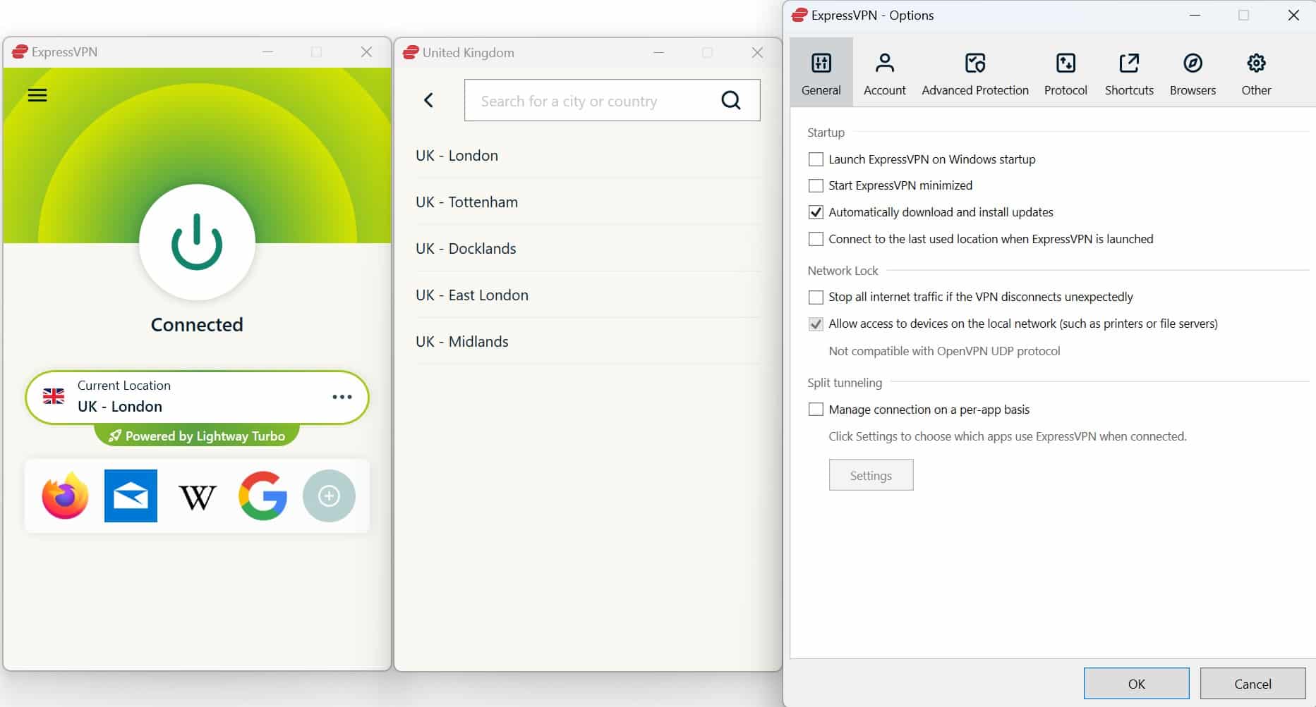 Screenshot showing ExpressVPN's UK servers