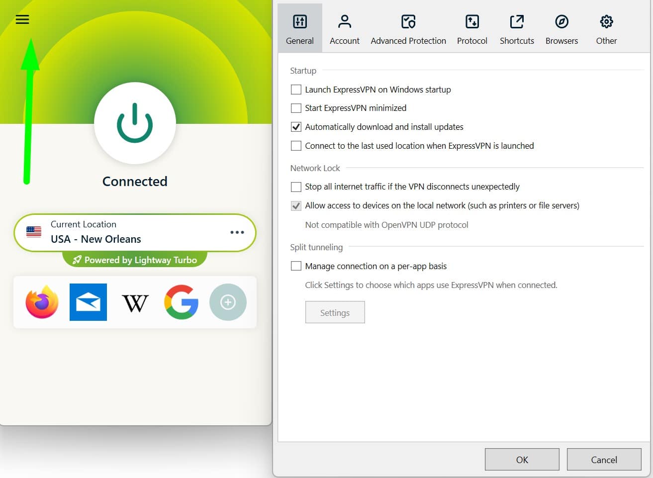 Screenshot shwoing ExpressVPN's settings menu