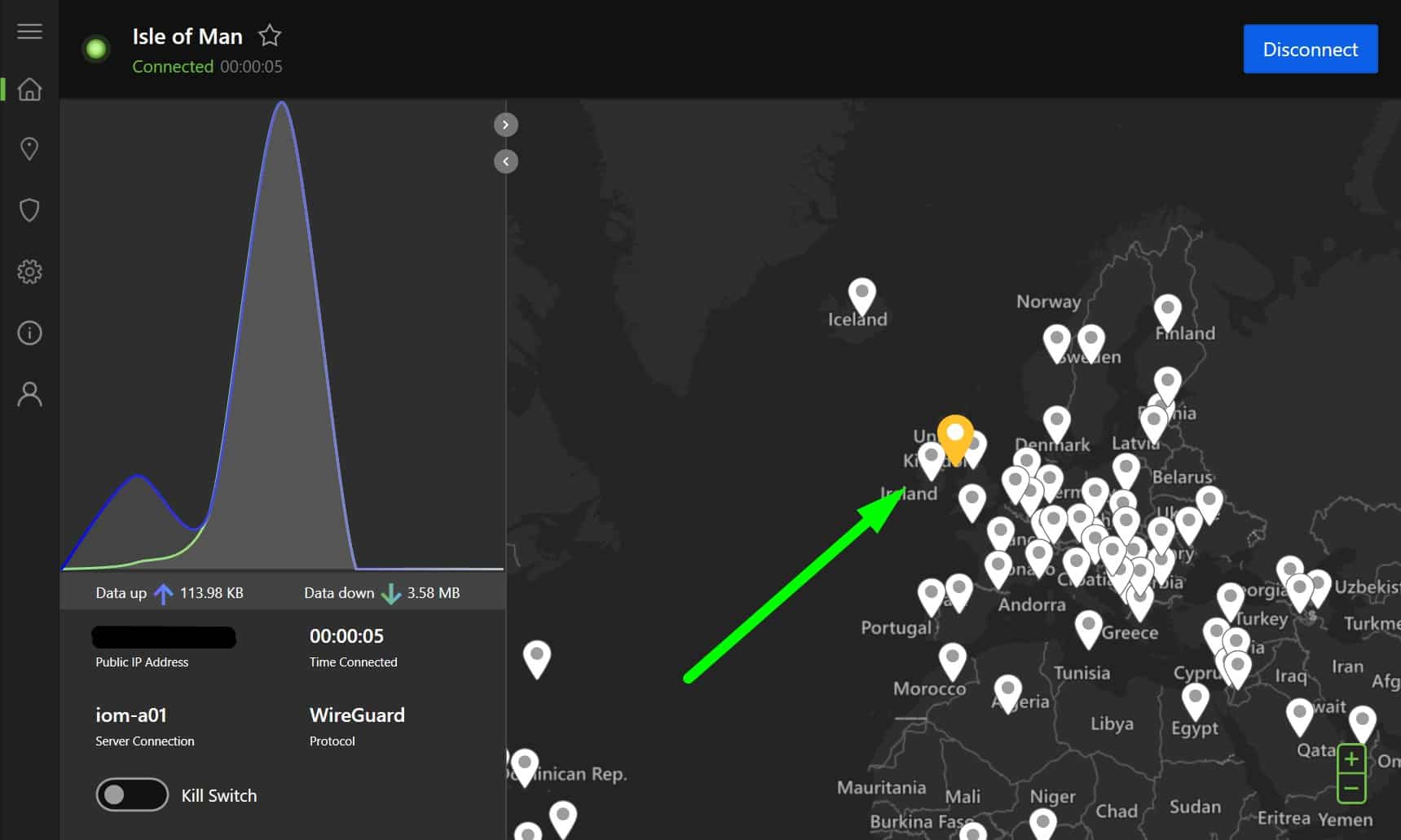 Screenshot showing IPVanish's main screen