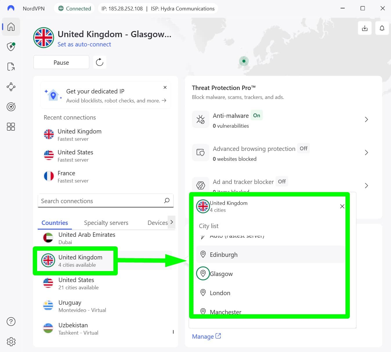 Screenshot showing NordVPN's UK server locations