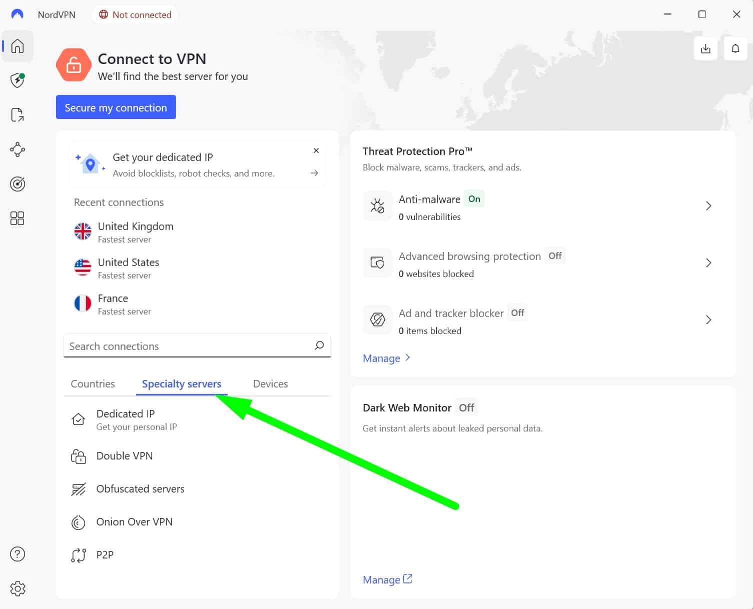 Screenshot showing NordVPN's specialty servers