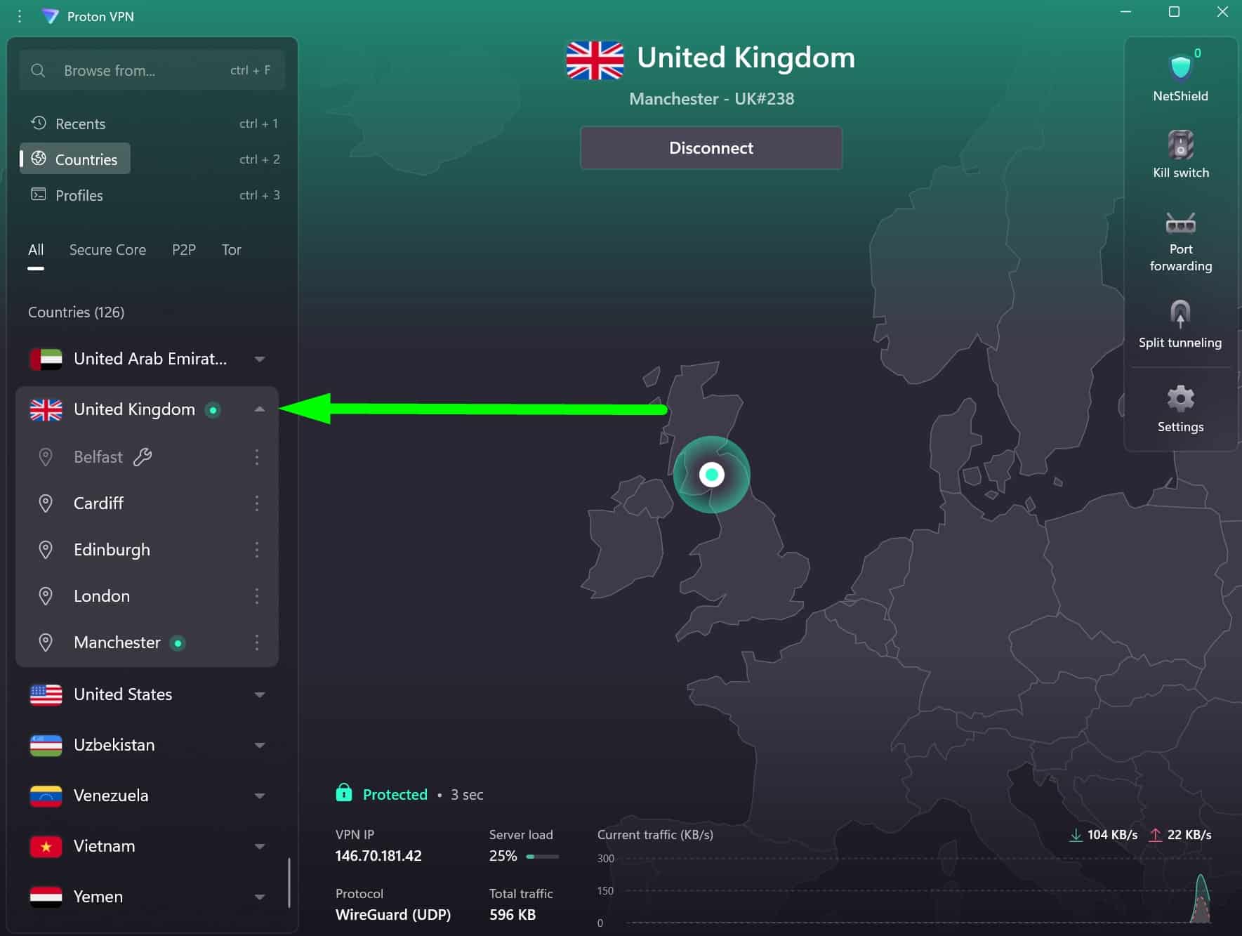 Screenshot showing ProtonVPN's UK servers
