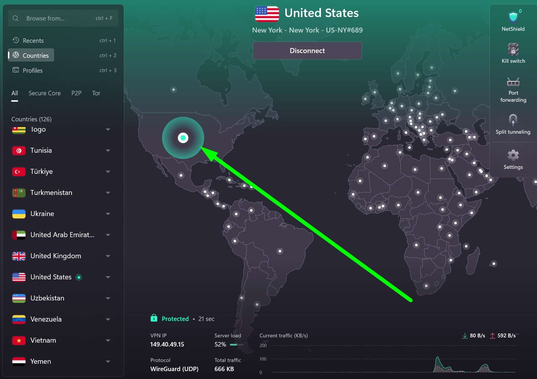 Screenshot showing ProtonVPN's server locations
