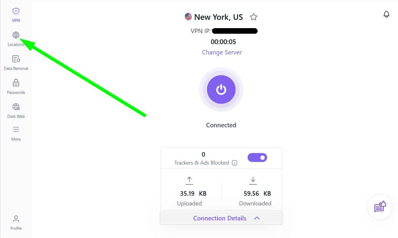 Screenshot showing PureVPN's main screen