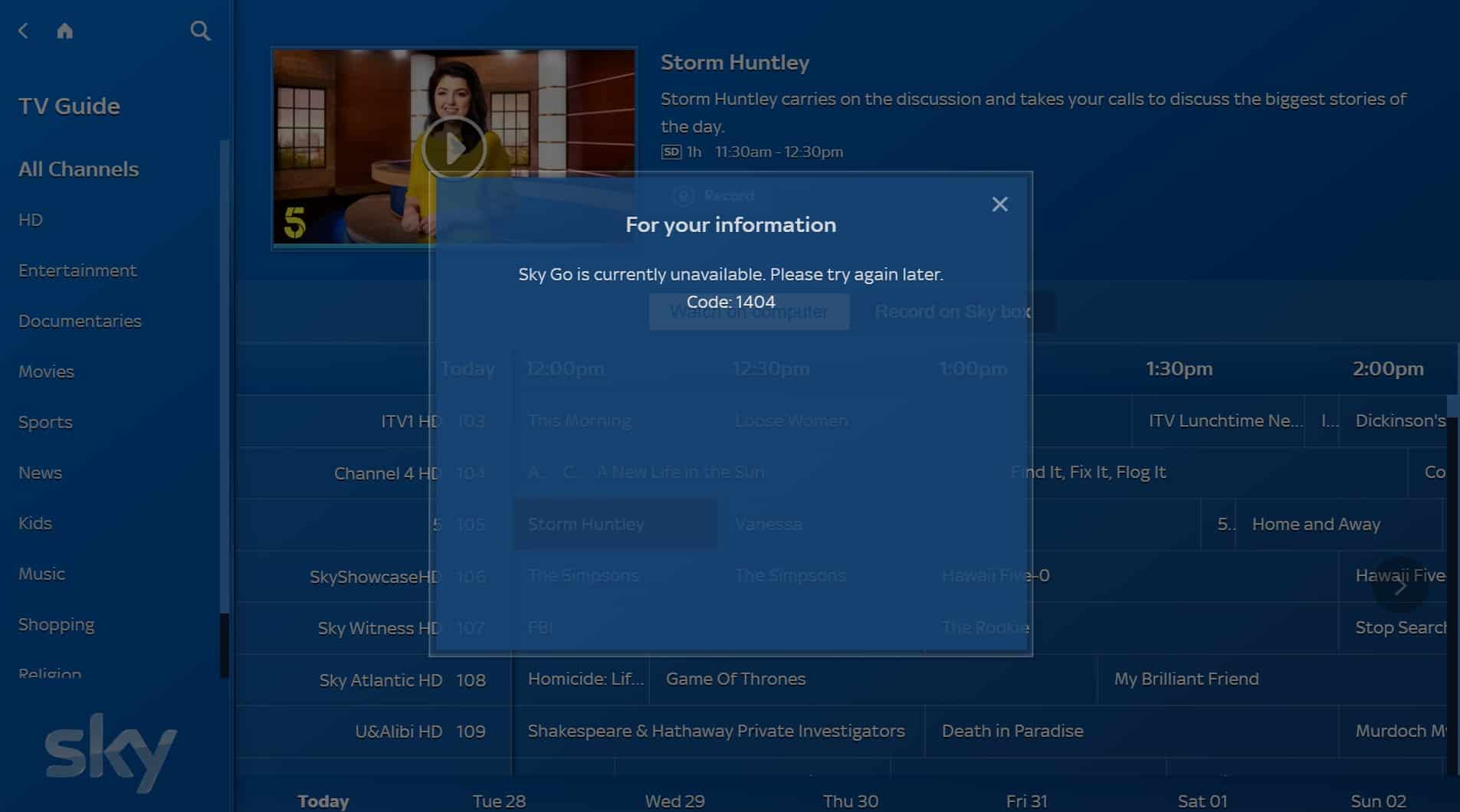 Screenshot showing a Sky Go error