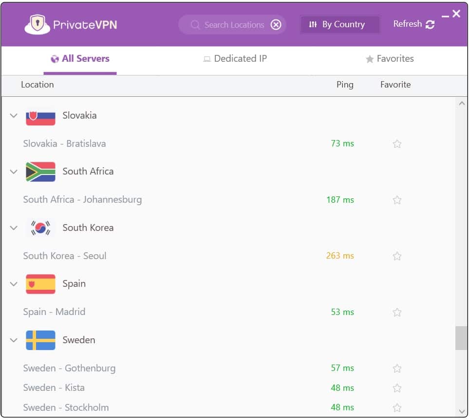 Serverliste von PrivateVPN