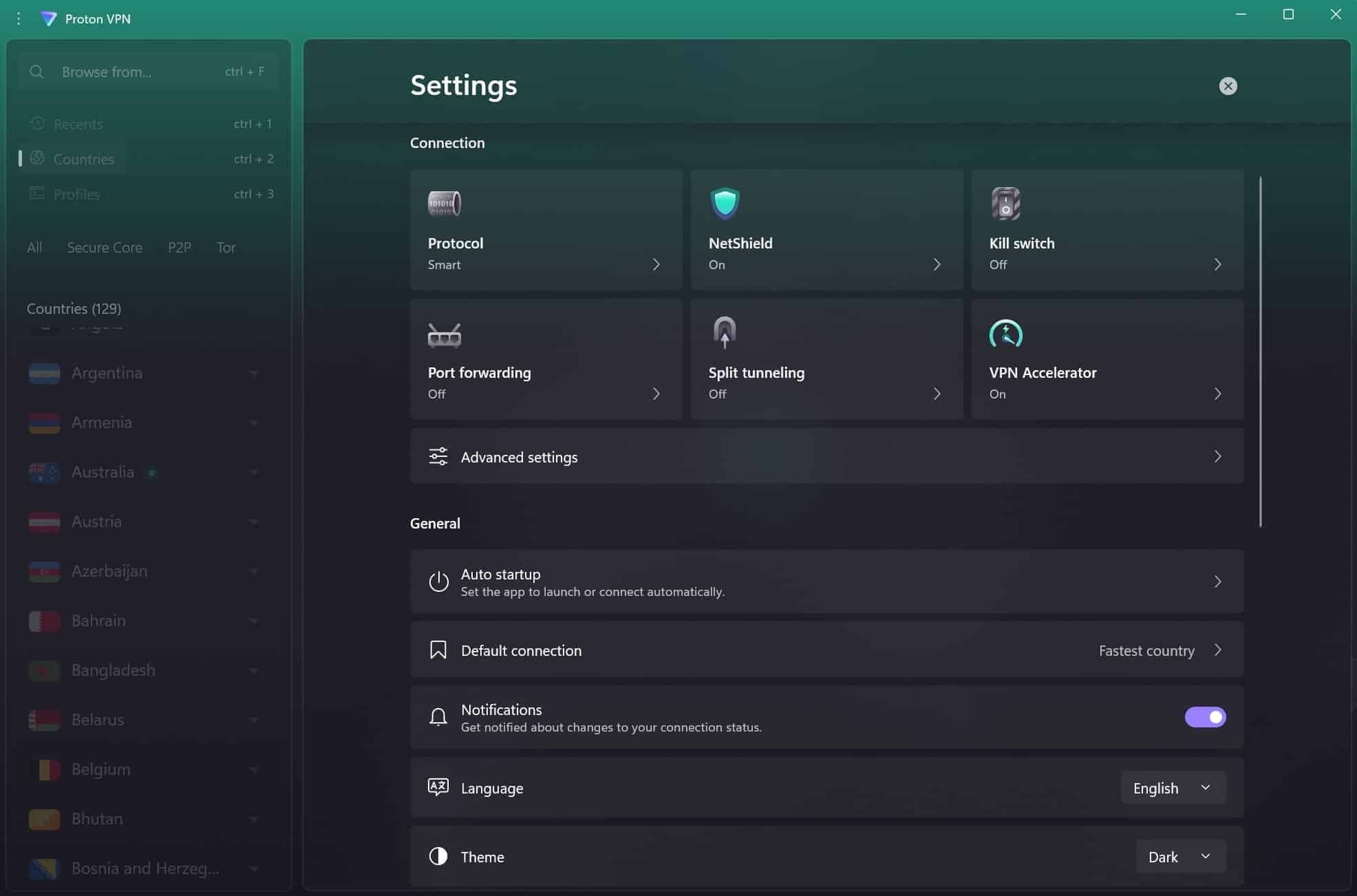 Screenshot showing ProtonVPN's settings menu