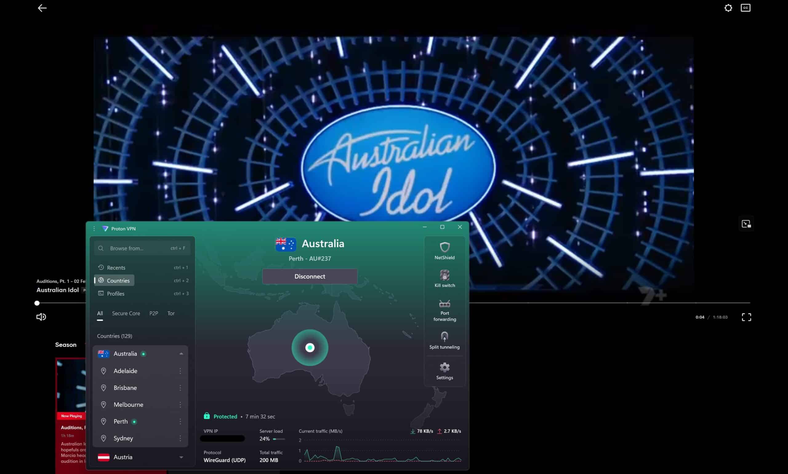 Screenshot showing ProtonVPN working with 7plus