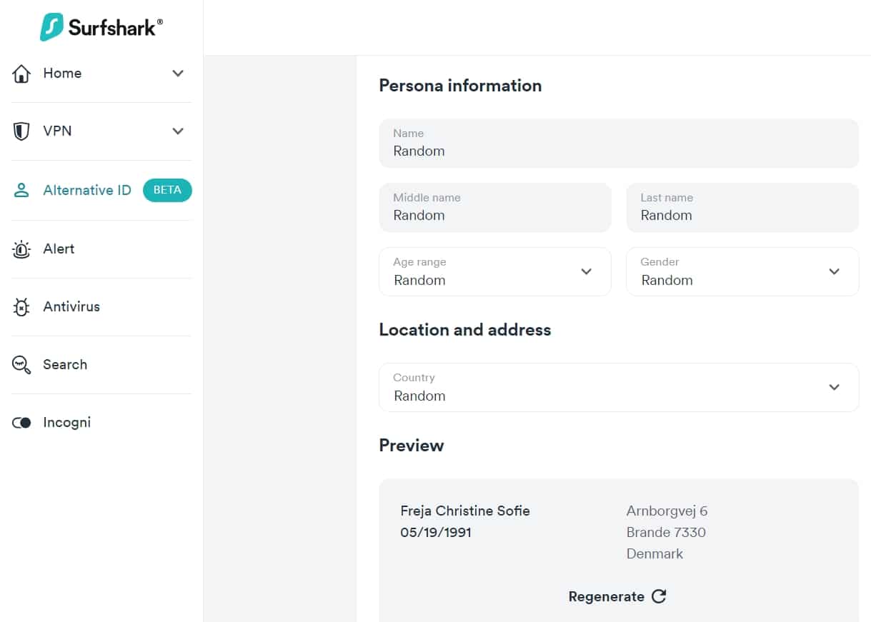 Surfshark's Alternative ID generator.