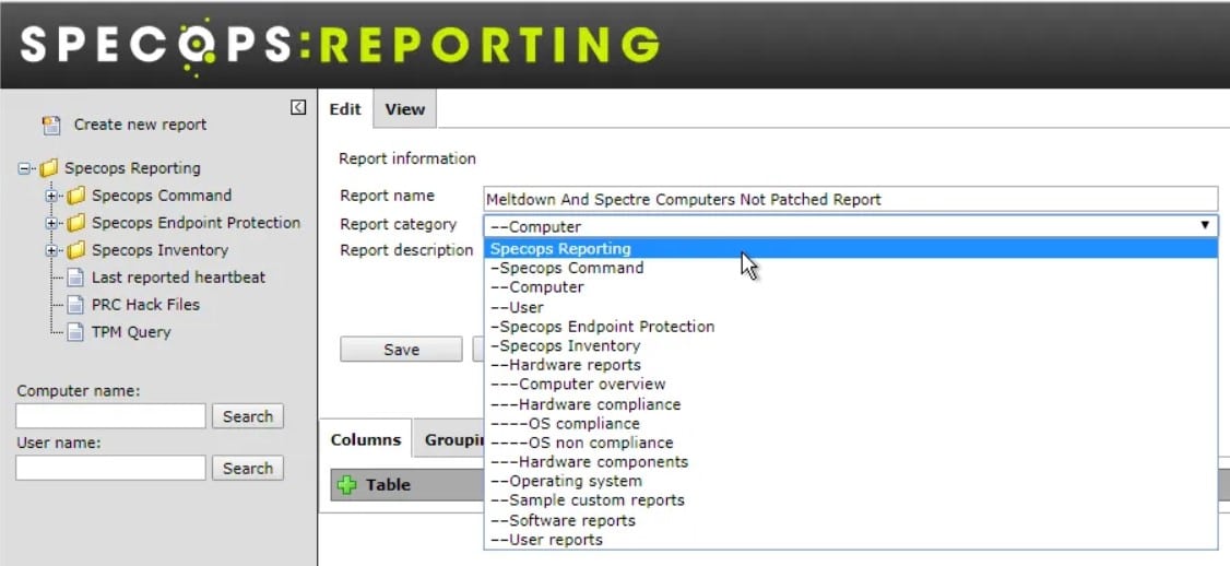 Specops-Reporting-Konsole mit Dropdown-Menü für Berichtskategorien und Navigationsbaum