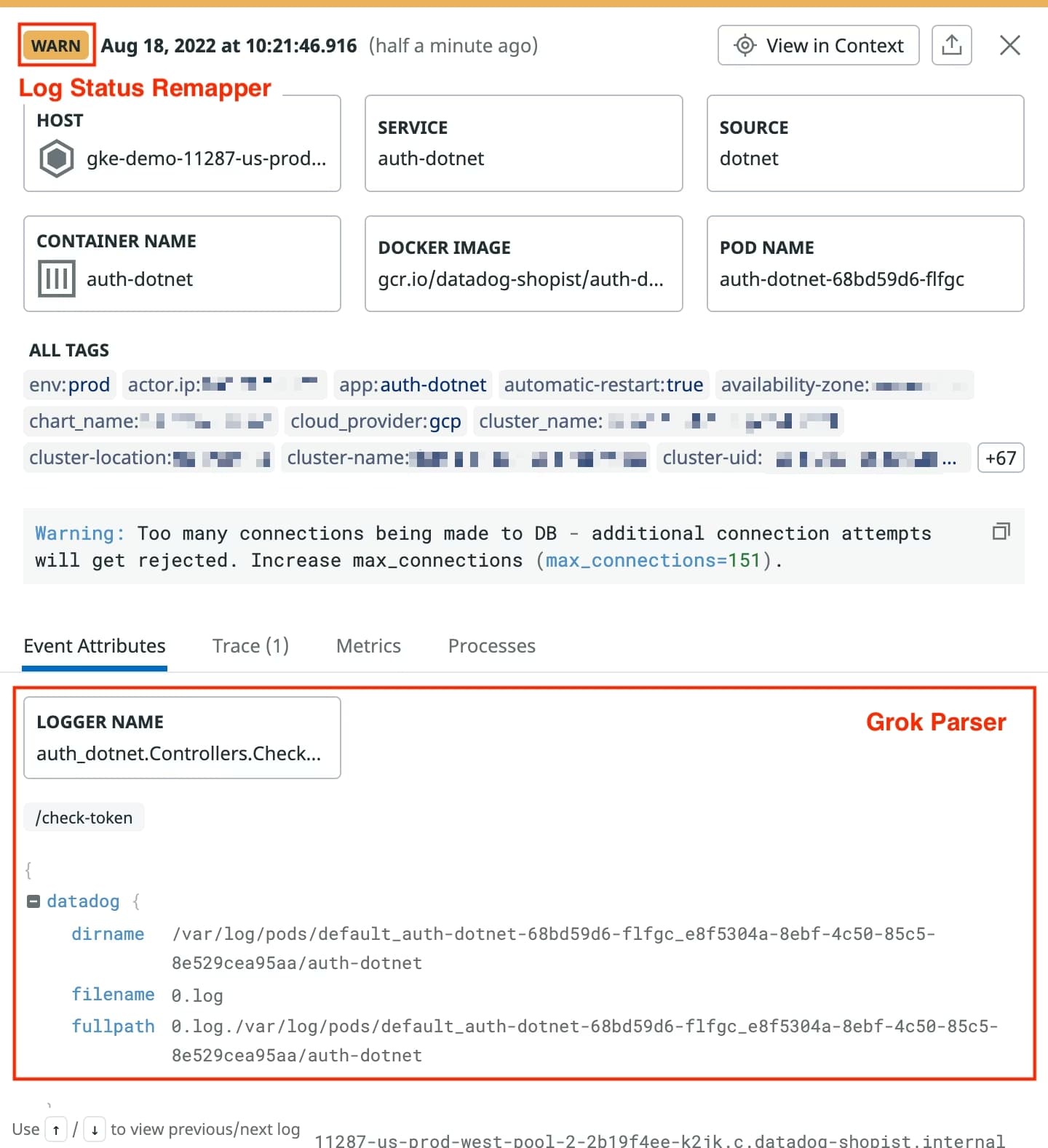 Verarbeitete Log-Ansicht in Datadog mit Hervorhebung von Pipeline-Parsing- und Remapper-Ergebnissen