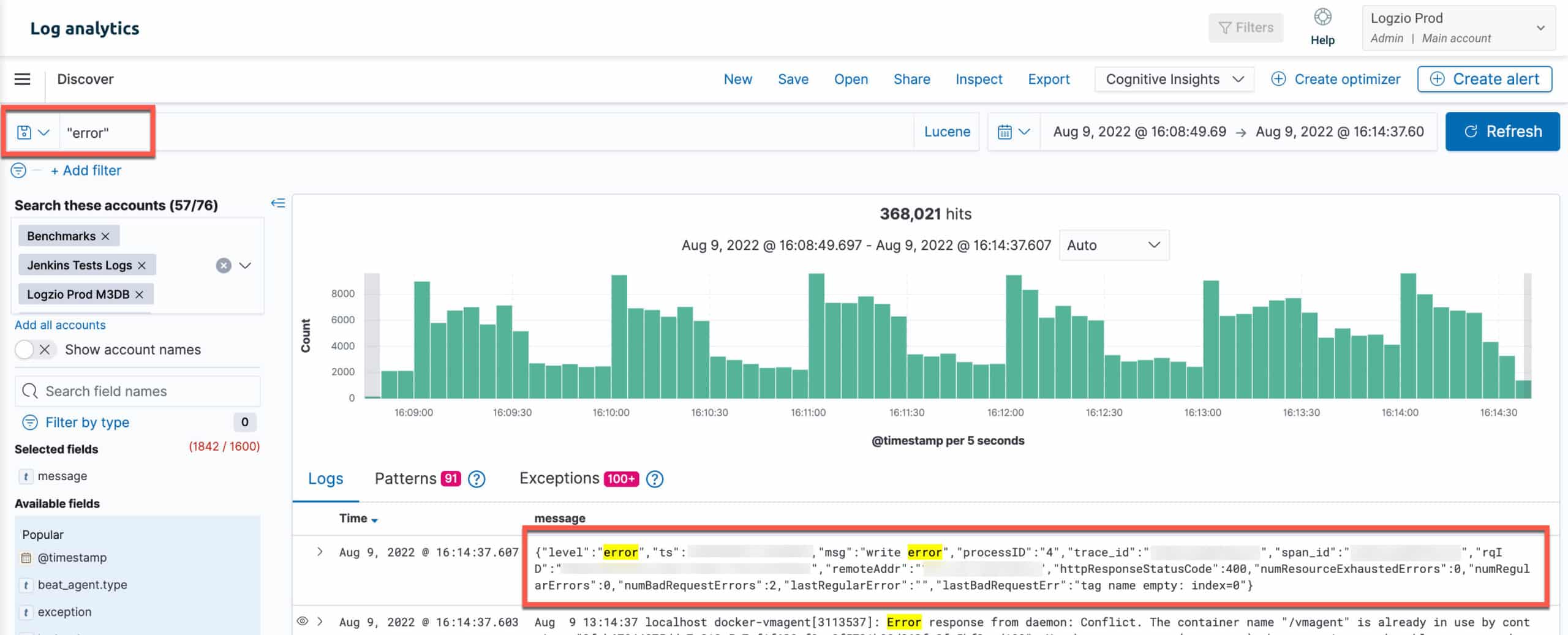 Logz.io-Log-Analytics-Discover-Ansicht mit Suchfiltern und Log-Ergebnissen