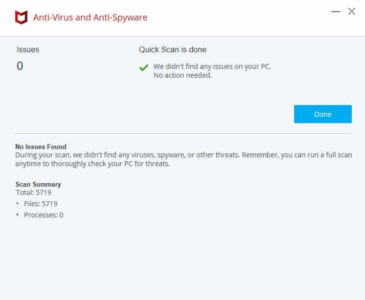 McAfee Quick Scan complete