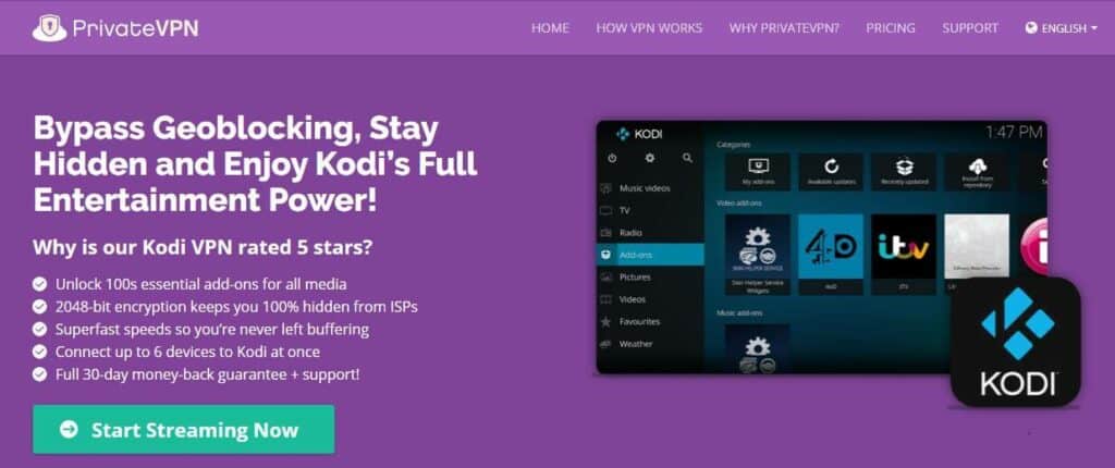 Kodi-Seite von PrivateVPN
