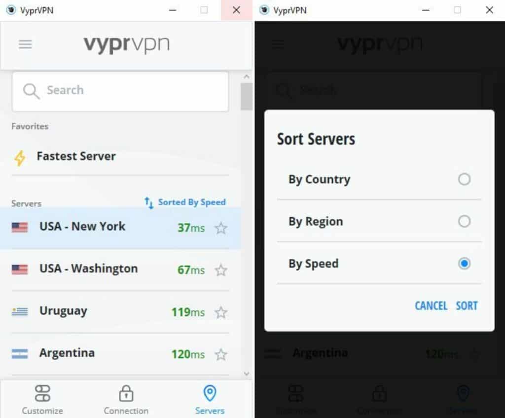 elenco dei server di VyprVPN ordinato in base alla velocità.