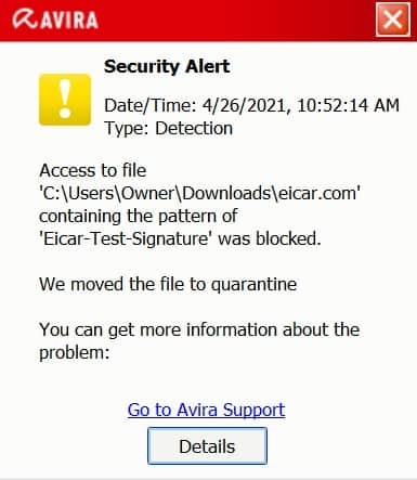 Mensaje de alerta de seguridad de Avira