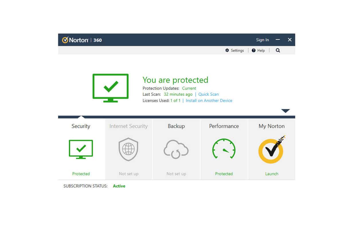 Norton 360 dashboard
