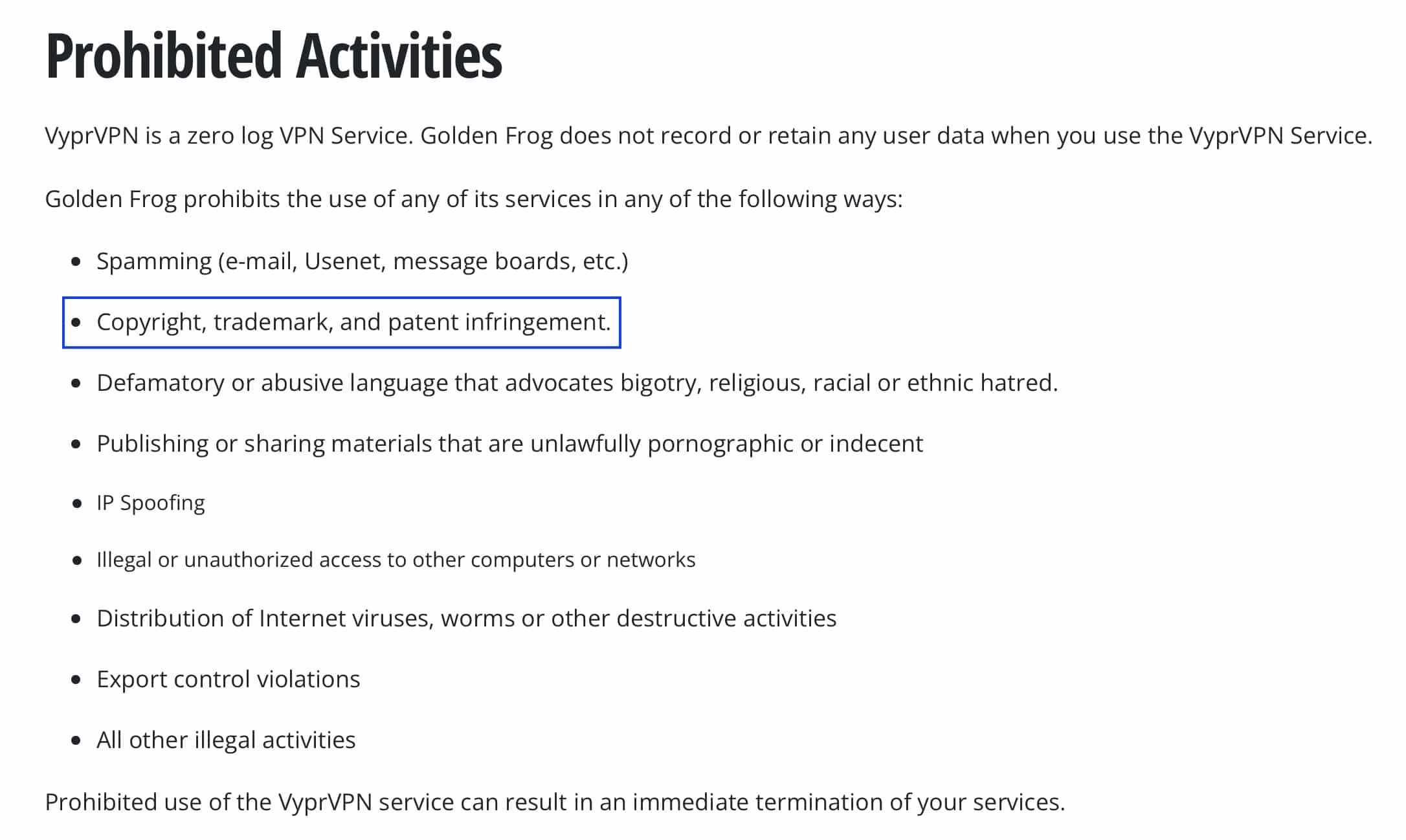 VyprVPN - attività vietate