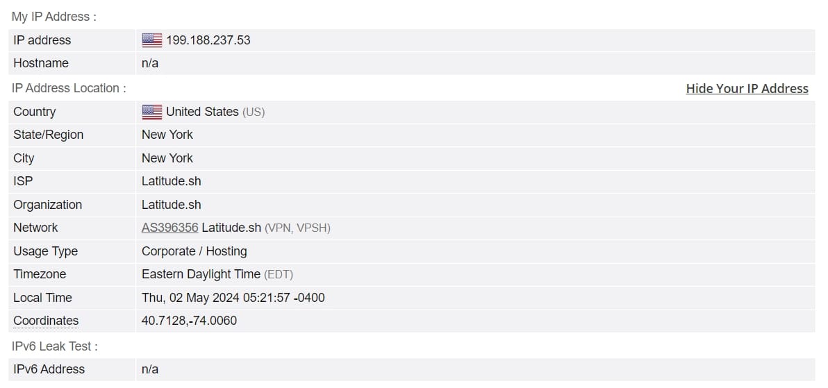 Lecktest für IP-Adresse auf Hotspot Sield US-Server