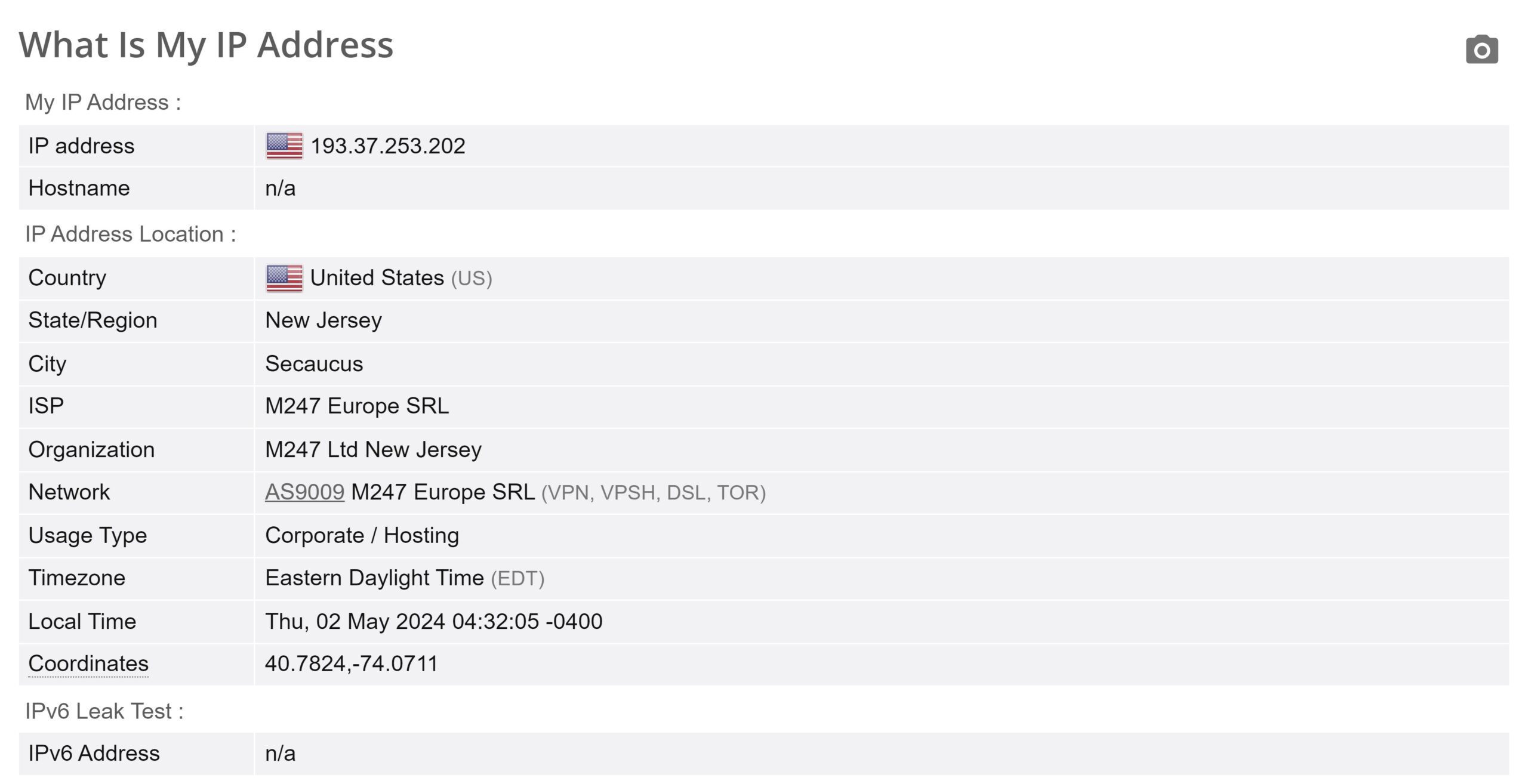 Informationen zum IP-Adresslecktest für einen USA PrivateVPN-Server