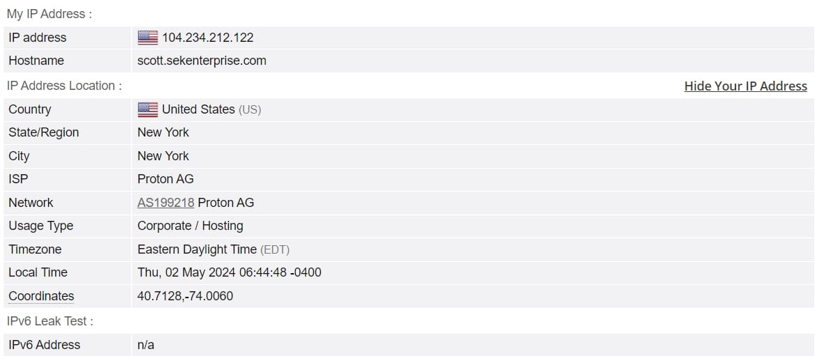 Proton VPN hat unsere IPv4- oder IPv6-Adressen nicht weitergegeben