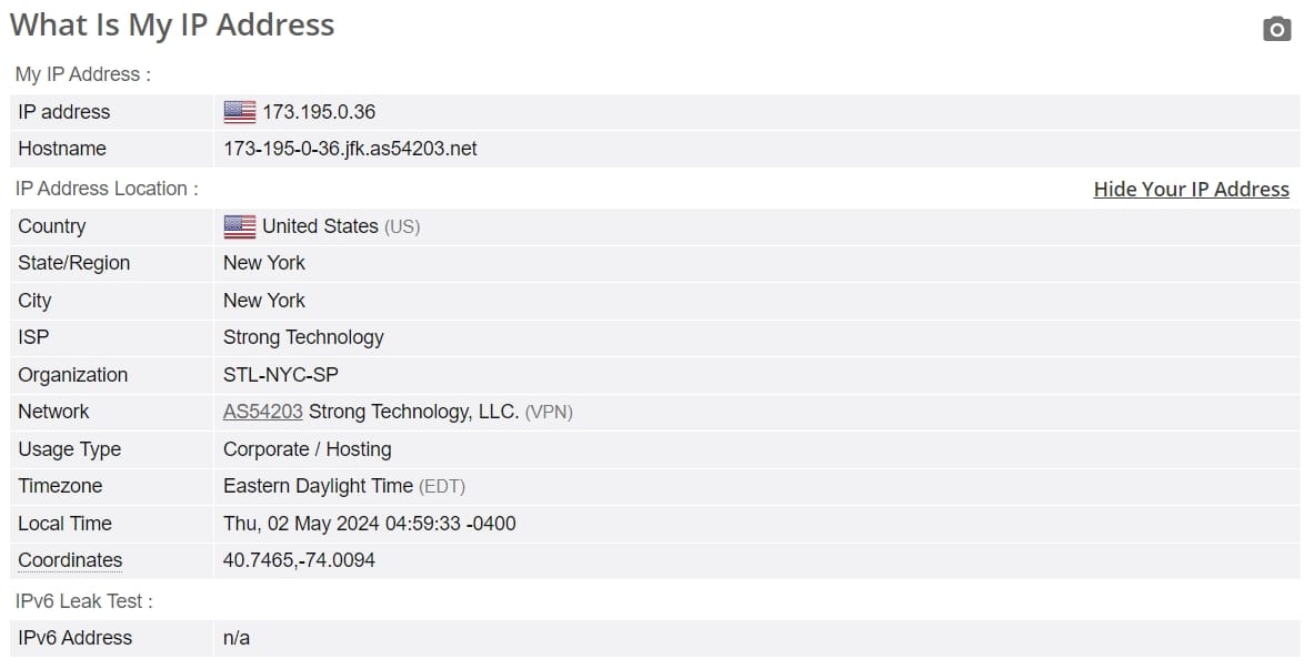 StrongVPN-Lecktest für öffentliche IP-Adresse auf einem US-Server