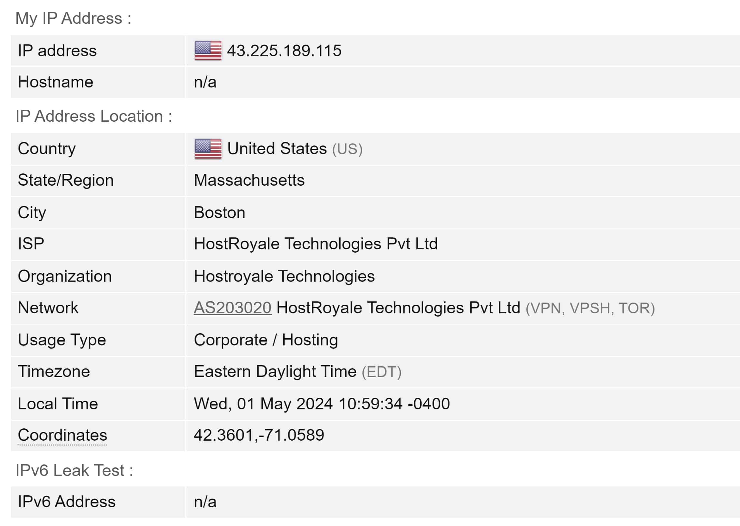NordVPN IP-Adresslecktest USA-Server.