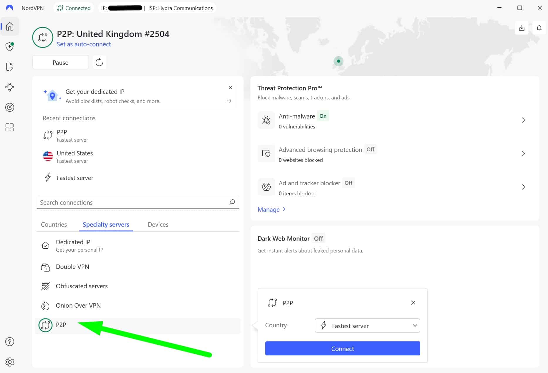 Screenshot showing NordVPN's P2P servers
