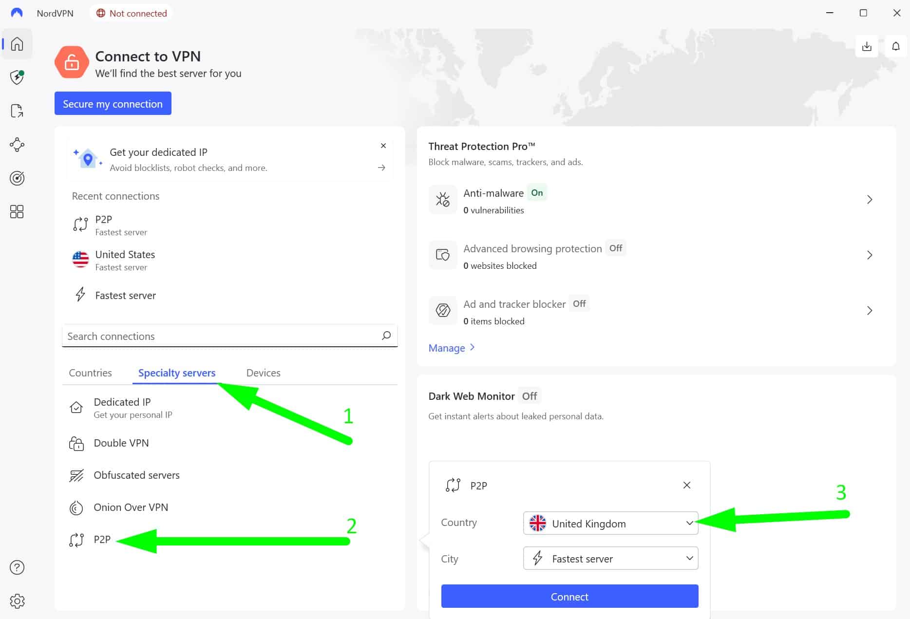 Screenshot showing NordVPN torrenting server locations