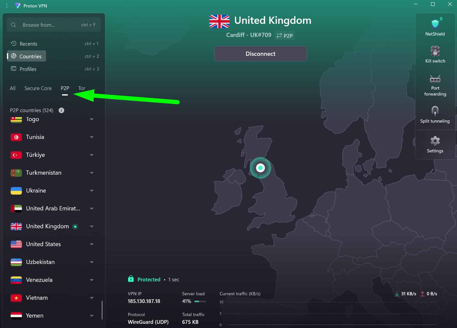 Screenshot showing ProtonVPN's P2P servers
