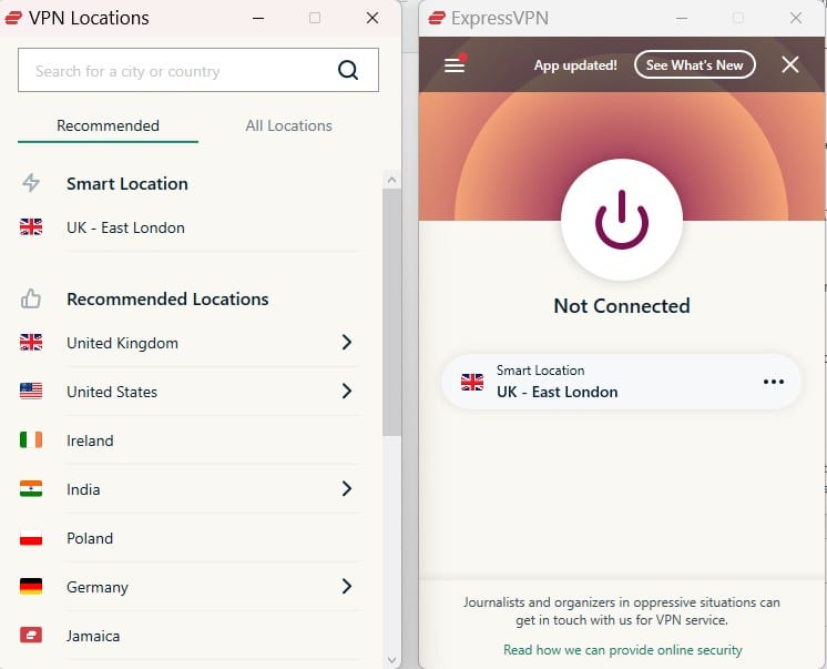 ExpressVPN user interface connected to UK -East London server