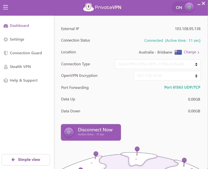 PrivateVPN's Advanced View.