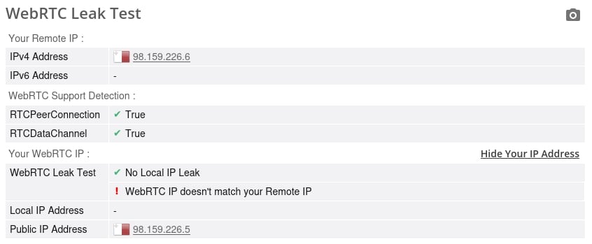 ExpressVPN WebRTC leak test.
