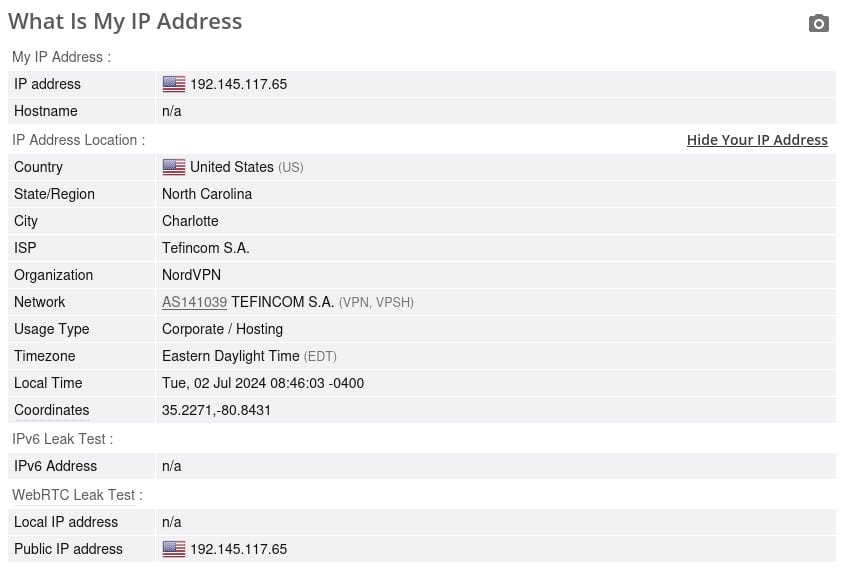 NordVPN IP leak test.