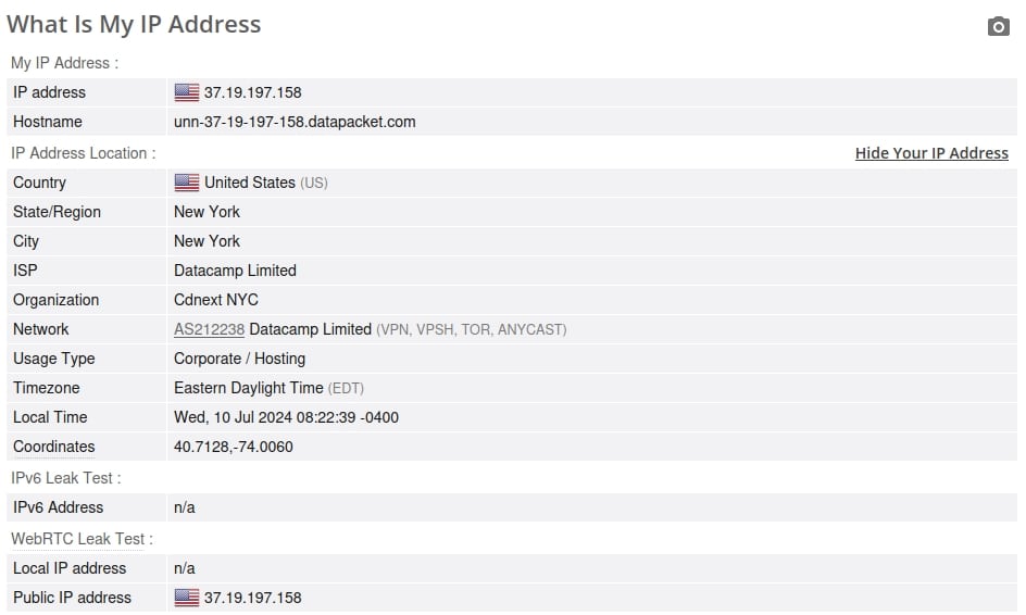 PIA IP leak test.