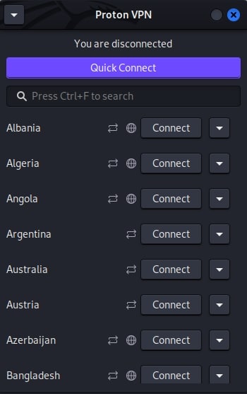 ProtonVPN dashboard.
