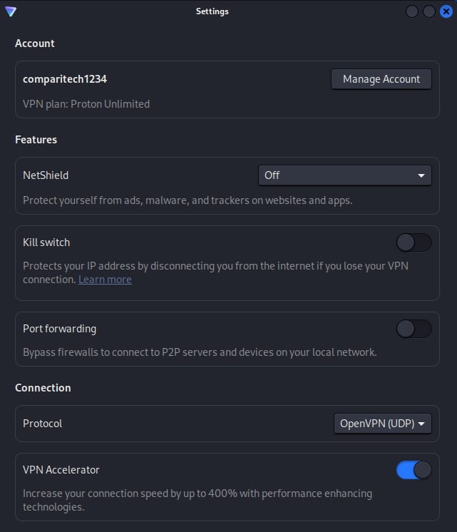 ProtonVPN settings.