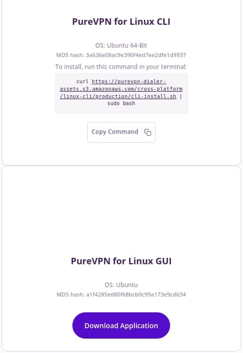 PureVPN Linux downloads.
