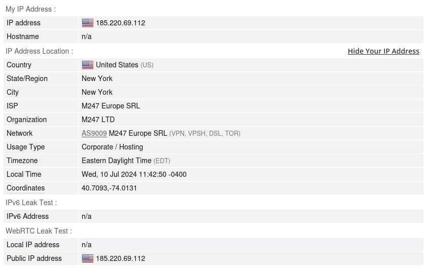 PureVPN IP leak test.